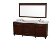Wyndham Collection Berkeley 80 inch Double Bathroom Vanity in Dark Chestnut with White Carrera Marble Top with White Undermount Oval Sinks and 70 inch Mirror