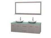 Wyndham Collection Centra 72 inch Double Bathroom Vanity in Gray Oak Green Glass Countertop Arista White Carrera Marble Sinks and 70 inch Mirror