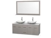 Wyndham Collection Centra 60 inch Double Bathroom Vanity in Gray Oak White Man Made Stone Countertop Arista White Carrera Marble Sinks and 58 inch Mirror