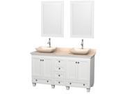 Wyndham Collection Acclaim 60 inch Double Bathroom Vanity in White Ivory Marble Countertop Avalon Ivory Marble Sinks and 24 inch Mirrors