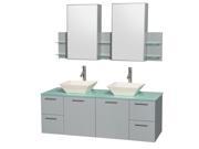 Wyndham Collection Amare 60 inch Double Bathroom Vanity in Dove Gray Green Glass Countertop Pyra Bone Porcelain Sinks and Medicine Cabinet