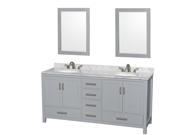 Wyndham Collection Sheffield 72 inch Double Bathroom Vanity in Gray White Carrera Marble Countertop Undermount Oval Sinks and 24 inch Mirrors