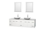 Wyndham Collection Centra 80 inch Double Bathroom Vanity in Matte White White Man Made Stone Countertop Arista White Carrera Marble Sinks and 24 inch Mirr