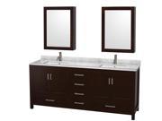 Wyndham Collection Sheffield 80 inch Double Bathroom Vanity in Espresso White Carrera Marble Countertop Undermount Square Sinks and Medicine Cabinets