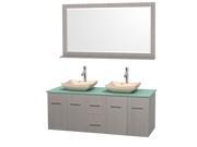 Wyndham Collection Centra 60 inch Double Bathroom Vanity in Gray Oak Green Glass Countertop Avalon Ivory Marble Sinks and 58 inch Mirror