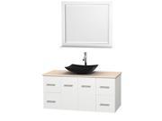 Wyndham Collection Centra 48 inch Single Bathroom Vanity in Matte White Ivory Marble Countertop Arista Black Granite Sink and 36 inch Mirror