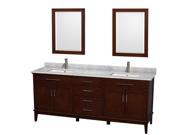 Wyndham Collection Hatton 80 inch Double Bathroom Vanity in Dark Chestnut White Carrera Marble Countertop Undermount Square Sinks and 24 inch Mirrors