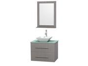 Wyndham Collection Centra 30 inch Single Bathroom Vanity in Gray Oak Green Glass Countertop Pyra White Porcelain Sink and 24 inch Mirror