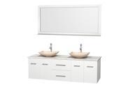 Wyndham Collection Centra 72 inch Double Bathroom Vanity in Matte White White Carrera Marble Countertop Arista Ivory Marble Sinks and 70 inch Mirror