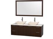 Wyndham Collection Amare 60 inch Double Bathroom Vanity in Espresso with White Man Made Stone Top with Ivory Marble Sinks and 58 inch Mirror