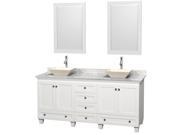 Wyndham Collection Acclaim 72 inch Double Bathroom Vanity in White White Carrera Marble Countertop Pyra Bone Sinks and 24 inch Mirrors