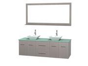 Wyndham Collection Centra 72 inch Double Bathroom Vanity in Gray Oak Green Glass Countertop Pyra White Porcelain Sinks and 70 inch Mirror