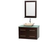 Wyndham Collection Centra 36 inch Single Bathroom Vanity in Espresso Green Glass Countertop Avalon Ivory Marble Sink and 24 inch Mirror