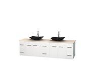 Wyndham Collection Centra 80 inch Double Bathroom Vanity in Matte White Ivory Marble Countertop Arista Black Granite Sinks and No Mirror