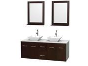 Wyndham Collection Centra 60 inch Double Bathroom Vanity in Espresso White Carrera Marble Countertop Pyra White Porcelain Sinks and 24 inch Mirrors