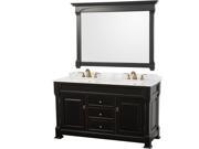 Wyndham Collection Andover 60 inch Double Bathroom Vanity in Black White Carrera Marble Countertop Undermount Oval Sinks and 56 inch Mirror
