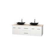 Wyndham Collection Centra 72 inch Double Bathroom Vanity in Matte White Ivory Marble Countertop Arista Black Granite Sinks and No Mirror