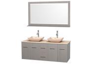 Wyndham Collection Centra 60 inch Double Bathroom Vanity in Gray Oak Ivory Marble Countertop Avalon Ivory Marble Sinks and 58 inch Mirror