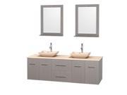 Wyndham Collection Centra 72 inch Double Bathroom Vanity in Gray Oak Ivory Marble Countertop Avalon Ivory Marble Sinks and 24 inch Mirrors