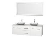 Wyndham Collection Centra 72 inch Double Bathroom Vanity in Matte White White Man Made Stone Countertop Avalon White Carrera Marble Sinks and 70 inch Mirr