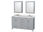 Wyndham Collection Sheffield 60 inch Double Bathroom Vanity in Gray White Carrera Marble Countertop Undermount Oval Sinks and Medicine Cabinets