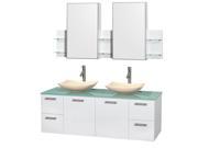 Wyndham Collection Amare 60 inch Double Bathroom Vanity in Glossy White Green Glass Countertop Arista Ivory Marble Sinks and Medicine Cabinets