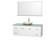 Wyndham Collection Centra 60 inch Single Bathroom Vanity in Matte White Green Glass Countertop Arista Ivory Marble Sink and 58 inch Mirror