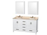 Wyndham Collection Sheffield 60 inch Double Bathroom Vanity in White Ivory Marble Countertop Undermount Oval Sinks and Medicine Cabinets