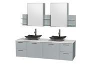 Wyndham Collection Amare 72 inch Double Bathroom Vanity in Dove Gray White Man Made Stone Countertop Arista Black Granite Sinks and Medicine Cabinet