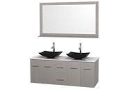 Wyndham Collection Centra 60 inch Double Bathroom Vanity in Gray Oak White Man Made Stone Countertop Arista Black Granite Sinks and 58 inch Mirror