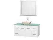 Wyndham Collection Centra 48 inch Single Bathroom Vanity in Matte White Green Glass Countertop Pyra Bone Porcelain Sink and 36 inch Mirror
