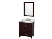 Wyndham Collection Sheffield 30 inch Single Bathroom Vanity in Espresso White Carrera Marble Countertop Undermount Oval Sink and 24 inch Mirror