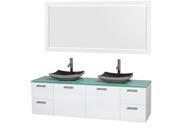 Wyndham Collection Amare 72 inch Double Bathroom Vanity in Glossy White Green Glass Countertop Altair Black Granite Sinks and 70 inch Mirror