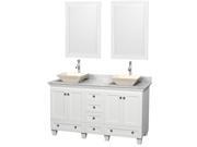 Wyndham Collection Acclaim 60 inch Double Bathroom Vanity in White White Carrera Marble Countertop Pyra Bone Sinks and 24 inch Mirrors