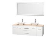 Wyndham Collection Centra 72 inch Double Bathroom Vanity in Matte White Ivory Marble Countertop Pyra White Porcelain Sinks and 70 inch Mirror