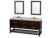 Wyndham Collection Natalie 72 inch Double Bathroom Vanity in Espresso White Carrera Marble Countertop Undermount Oval sinks and 24 inch Mirrors