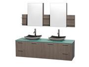 Wyndham Collection Amare 72 inch Double Bathroom Vanity in Gray Oak with Green Glass Top with Black Granite Sinks and Medicine Cabinets