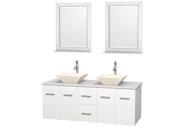 Wyndham Collection Centra 60 inch Double Bathroom Vanity in Matte White White Man Made Stone Countertop Pyra Bone Porcelain Sinks and 24 inch Mirrors