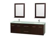 Wyndham Collection Centra 72 inch Double Bathroom Vanity in Espresso Green Glass Countertop Undermount Square Sink and 24 inch Mirrors