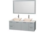 Wyndham Collection Amare 60 inch Double Bathroom Vanity in Dove Gray White Man Made Stone Countertop Avalon Ivory Marble Sinks and 58 inch Mirror