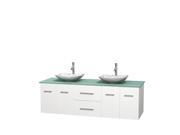 Wyndham Collection Centra 72 inch Double Bathroom Vanity in Matte White Green Glass Countertop Arista White Carrera Marble Sinks and No Mirror
