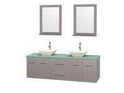 Wyndham Collection Centra 72 inch Double Bathroom Vanity in Gray Oak Green Glass Countertop Pyra Bone Porcelain Sinks and 24 inch Mirrors