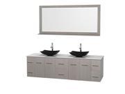 Wyndham Collection Centra 80 inch Double Bathroom Vanity in Gray Oak White Man Made Stone Countertop Arista Black Granite Sinks and 70 inch Mirror