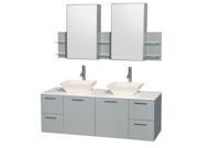 Wyndham Collection Amare 60 inch Double Bathroom Vanity in Dove Gray White Man Made Stone Countertop Pyra Bone Porcelain Sinks and Medicine Cabinet