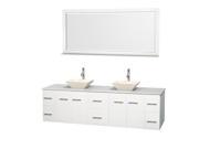 Wyndham Collection Centra 80 inch Double Bathroom Vanity in Matte White White Man Made Stone Countertop Pyra Bone Porcelain Sinks and 70 inch Mirror