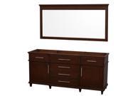 Wyndham Collection Berkeley 72 inch Double Bathroom Vanity in Dark Chestnut with No Countertop and No Sinks and 70 inch Mirror