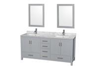 Wyndham Collection Sheffield 72 inch Double Bathroom Vanity in Gray White Carrera Marble Countertop Undermount Square Sinks and 24 inch Mirrors