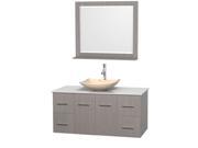 Wyndham Collection Centra 48 inch Single Bathroom Vanity in Gray Oak White Man Made Stone Countertop Arista Ivory Marble Sink and 36 inch Mirror
