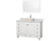 Wyndham Collection Acclaim 48 inch Single Bathroom Vanity in White White Carrera Marble Countertop Pyra Bone Sink and 24 inch Mirror