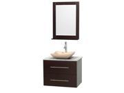 Wyndham Collection Centra 30 inch Single Bathroom Vanity in Espresso White Carrera Marble Countertop Avalon Ivory Marble Sink and 24 inch Mirror